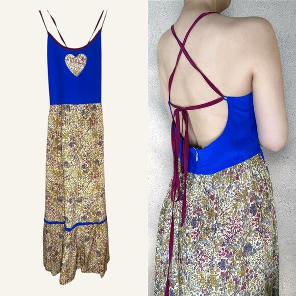 NWT Kristinit Blue Floral Silk Maxi Dress Heart Cutout XS No‎ Belt - Picture 2 of 7